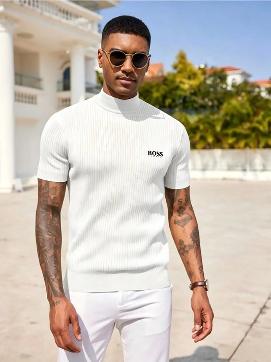 Men's high-neck short-sleeved knit sweater, vertical striped slim-fit pullover T-shirt, casual business top.